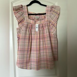 🚨 BNWT Ann Taylor M Loft Plaid Cap Sleeve Blouse Pink Plaid Seersucker Print
